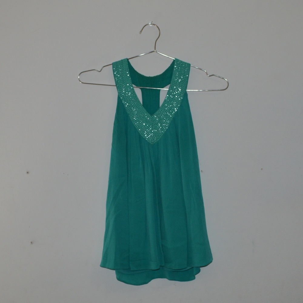 Alice + Olivia Teal Beaded Neck Tank Top